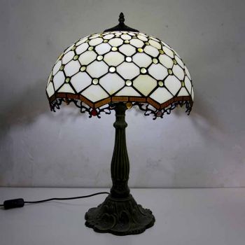 LongHuiJing Jeweled Stained Glass Table Lamp Tiffany Style Desk Light With 16Inch Wide Lampshade and Zinc Alloy Base