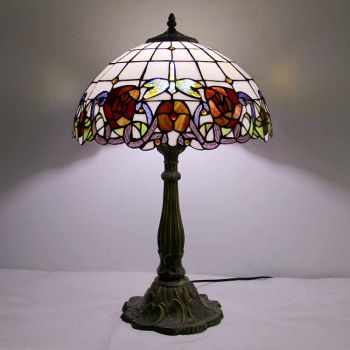 LongHuiJing Vintage Rose Stained Glass Table Lamp Tiffany Style Desk Light With 16In Wide Lampshade and Zinc Alloy Base