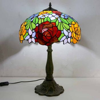 LongHuiJing Rose Flower Stained Glass Table Lamp Tiffany Style Desk Light With 16Inch Wide Lampshade and Zinc Alloy Base