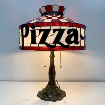 LongHuiJing New Pizza Stained Glass Table Lamp Tiffany Style Desk Light With 16Inch Wide Lampshade and Zinc Alloy Base