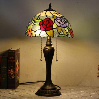 LongHuiJing 12Inch Tiffany Style Desk Lamp Rose Stained Glass Table Lamps Creative Bedroom Bedside Desk Light