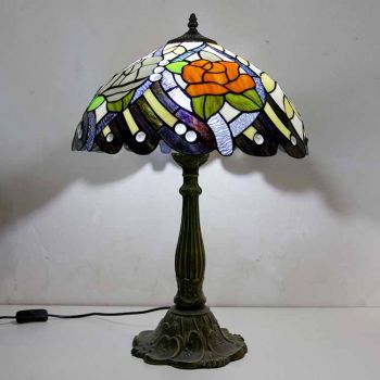 LongHuiJing Rustic Rose Stained Glass Table Lamp Tiffany Style Desk Light With 16Inch Wide Lampshade and Zinc Alloy Base