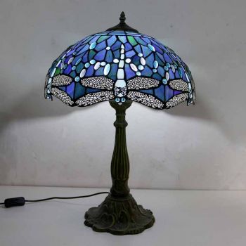 LongHuiJing Dragonfly Stained Glass Table Lamp Tiffany Style Desk Light With 16Inch Wide Lampshade and Zinc Alloy Base