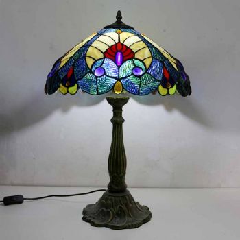 LongHuiJing Royal Blue Stained Glass Table Lamp Tiffany Style Desk Light With 16Inch Wide Lampshade and Zinc Alloy Base