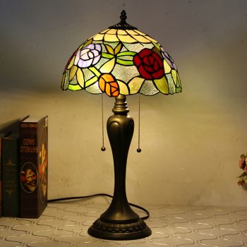 LongHuiJing 12Inch Tiffany Style Desk Lamp Rose Stained Glass Table Lamps Creative Bedroom Bedside Desk Light