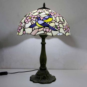 LongHuiJing Magpies Stained Glass Table Lamp Tiffany Style Desk Light With 16Inch Wide Lampshade and Zinc Alloy Base