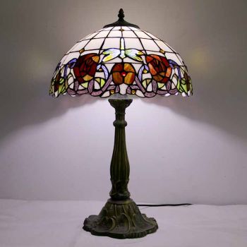 LongHuiJing Vintage Rose Stained Glass Table Lamp Tiffany Style Desk Light With 16In Wide Lampshade and Zinc Alloy Base