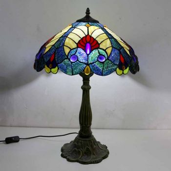 LongHuiJing Royal Blue Stained Glass Table Lamp Tiffany Style Desk Light With 16Inch Wide Lampshade and Zinc Alloy Base