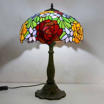 LongHuiJing Rose Flower Stained Glass Table Lamp Tiffany Style Desk Light With 16Inch Wide Lampshade and Zinc Alloy Base