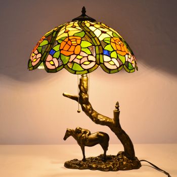 LongHuiJing Stained Glass Table Lamp Tiffany Style Desk Light With 16Inch Rose Lampshade With Horse Resin Base