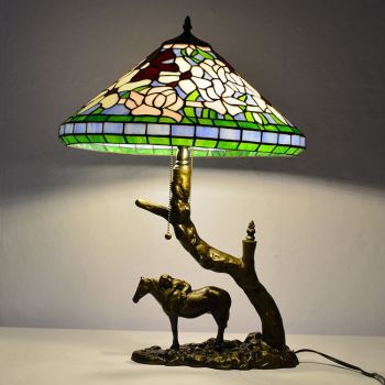 LongHuiJing Stained Glass Table Lamp Tiffany Style Desk Light With 16Inch Cone Lampshade With Horse Resin Base