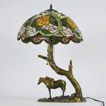 LongHuiJing Stained Glass Table Lamp Tiffany Style Desk Light With 16Inch Rose Lampshade With Horse Resin Base