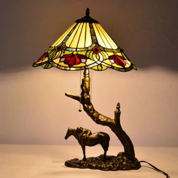 LongHuiJing Elagent Stained Glass Table Lamp Tiffany Style Desk Light With 16Inch Lampshade With Horse Resin Base