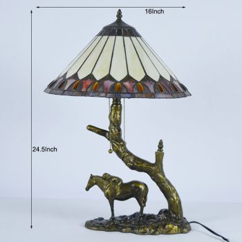 LongHuiJing Stained Glass Table Lamp Tiffany Style Desk Light With Elegant Cone Lampshade With Horse Resin Base