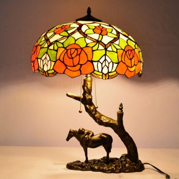 LongHuiJing Stained Glass Table Lamp Tiffany Style Desk Light With 16Inch Yellow Rose Lampshade With Horse Resin Base