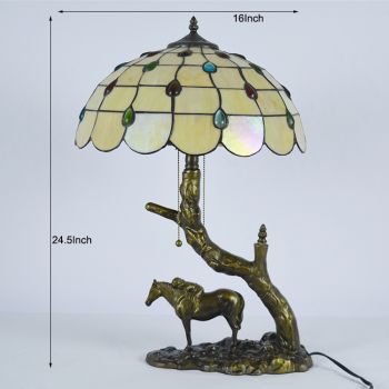 LongHuiJing Stained Glass Table Lamp Tiffany Style Desk Light With 16Inch Peacock Lampshade With Horse Resin Base
