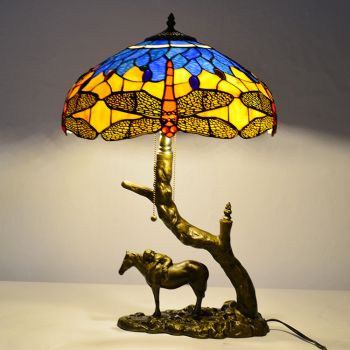 LongHuiJing Stained Glass Table Lamp Tiffany Style Desk Light With 16Inch Vintage Lampshade With Horse Resin Base