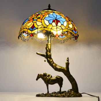 LongHuiJing Stained Glass Table Lamp Tiffany Style Desk Light With 16Inch Love Lampshade With Horse Resin Base