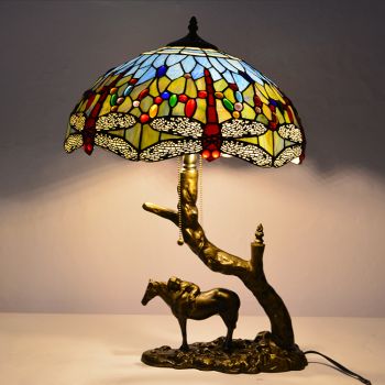 LongHuiJing Stained Glass Table Lamp Tiffany Style Desk Light With 16Inch Leaf Lampshade With Horse Resin Base