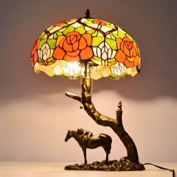 LongHuiJing Stained Glass Table Lamp Tiffany Style Desk Light With 16Inch Yellow Rose Lampshade With Horse Resin Base