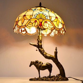 LongHuiJing Stained Glass Table Lamp Tiffany Style Desk Light With 16Inch Baroque Lampshade With Horse Resin Base