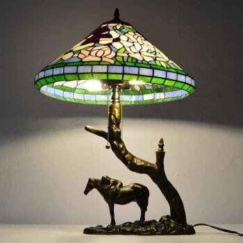 LongHuiJing Stained Glass Table Lamp Tiffany Style Desk Light With 16Inch Cone Lampshade With Horse Resin Base