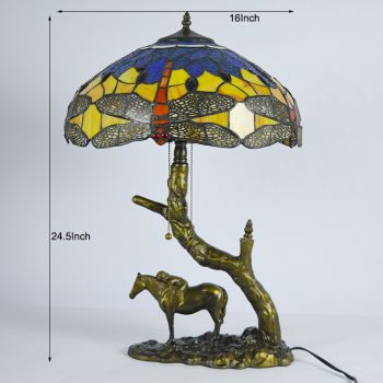 LongHuiJing Stained Glass Table Lamp Tiffany Style Desk Light With 16Inch Vintage Lampshade With Horse Resin Base