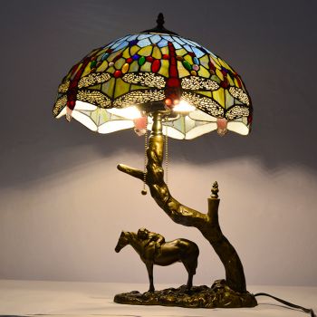 LongHuiJing Stained Glass Table Lamp Tiffany Style Desk Light With 16Inch Leaf Lampshade With Horse Resin Base