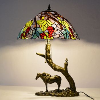 LongHuiJing Stained Glass Table Lamp Tiffany Style Desk Light With 16Inch Grape Lampshade With Horse Resin Base
