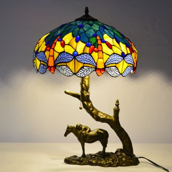 LongHuiJing Stained Glass Table Lamp Tiffany Style Desk Light 16Inch Dragonfly Lampshade With Horse Resin Base