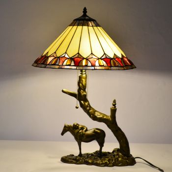 LongHuiJing Stained Glass Table Lamp Tiffany Style Desk Light With Elegant Cone Lampshade With Horse Resin Base