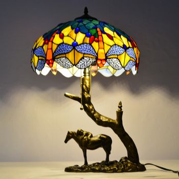LongHuiJing Stained Glass Table Lamp Tiffany Style Desk Light 16Inch Dragonfly Lampshade With Horse Resin Base