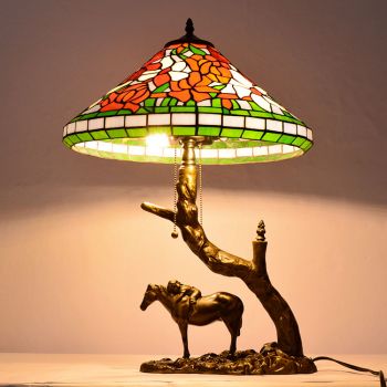 LongHuiJing Stained Glass Table Lamp Tiffany Style Desk Light With 16Inch Flower Lampshade With Horse Resin Base
