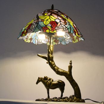 LongHuiJing Stained Glass Table Lamp Tiffany Style Desk Light With 16Inch Grape Lampshade With Horse Resin Base