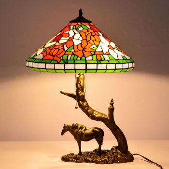 LongHuiJing Stained Glass Table Lamp Tiffany Style Desk Light With 16Inch Flower Lampshade With Horse Resin Base