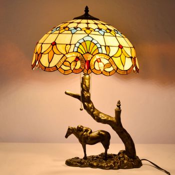 LongHuiJing Stained Glass Table Lamp Tiffany Style Desk Light With 16Inch Baroque Lampshade With Horse Resin Base
