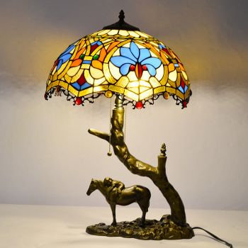 LongHuiJing Stained Glass Table Lamp Tiffany Style Desk Light With 16Inch Love Lampshade With Horse Resin Base