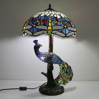 LongHuiJing Tiffany Style Table Lamp With Peacock Base 16Inch Antique Dragonfly Stained Glass Lampshade Table Lighting