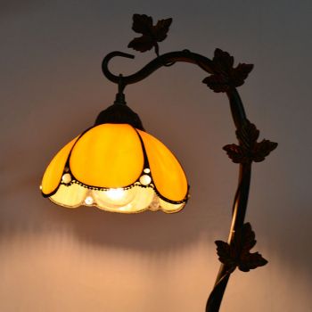 LongHuiJing Home Decor Tiffany Table Lamp Golden Stained Glass Lampshade Desk Light Morning Glory Vine Metal Base