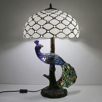 LongHuiJing Tiffany Style Table Lamp With Peacock Base 16Inch Antique White Beads Stained Glass Lampshade Table Lighting