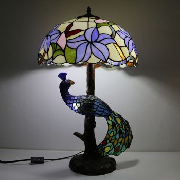 LongHuiJing 16Inch Floral Stained Glass Lampshade Desk Lamp Tiffany Style Table Lamps With Glass Peacock and Tree Base