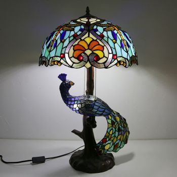 LongHuiJing 16Inch Unique Stained Glass Lampshade Desk Lamp Tiffany Style Table Lamps With Glass Peacock and Tree Base