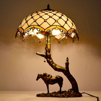 LongHuiJing White Beads Stained Glass Table Lamp Tiffany Style Desk Light With 16Inch Lampshade With Horse Resin Base