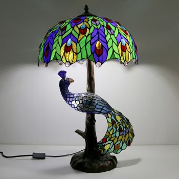 LongHuiJing Tiffany Style Table Lamp With Peacock Base 16Inch Antique Colorful Stained Glass Lampshade Table Lighting