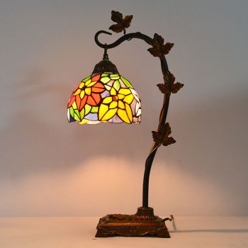 LongHuiJing 8Inch Tiffany Style Stained Glass Table Lamps Handmade Desk Lights With Morning Glory Vine Metal Base