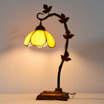 LongHuiJing Home Decor Tiffany Table Lamp Golden Stained Glass Lampshade Desk Light Morning Glory Vine Metal Base