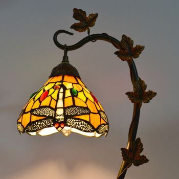 LongHuiJing 8Inch Dragonfly Stained Glass Table Lamps Creative decor Desk Lights With Morning Glory Vine Metal Base