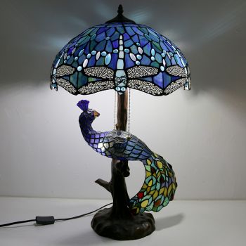 LongHuiJing Unqiue Stained Glass Lampshade Desk Lamp Tiffany Style Table Lamps With Glass Peacock and Tree Base