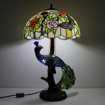 LongHuiJing 16Inch Florist Stained Glass Lampshade Desk Lamp Tiffany Style Table Lamps With Glass Peacock and Tree Base