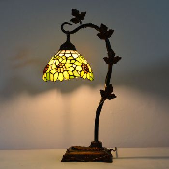  LongHuiJing Home Decor Tiffany Table Lamp Sunflower Stained Glass Lampshade Desk Light Morning Glory Vine Metal Base